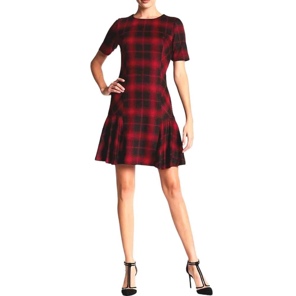 Vintage Tahari By Arthur Levine Red/Black Plaid Knit Shortsleeve Flair H…